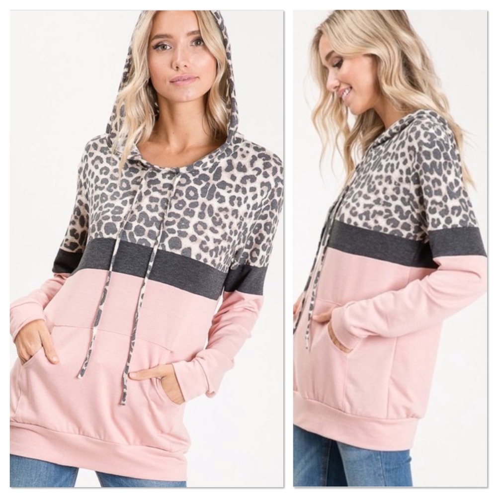 LAST 1 Blush Animal Print Color Block Hoodie - Picture 2 of 3